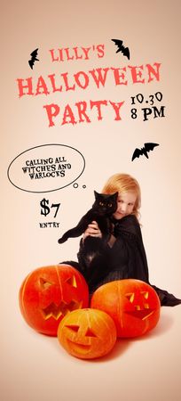 Ontwerpsjabloon van Flyer 3.75x8.25in van Halloween Party with Child and Cute Cat