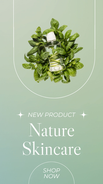 Skincare Cosmetics Ad with Bottle of Tonic in Green Leaves Instagram Story Šablona návrhu