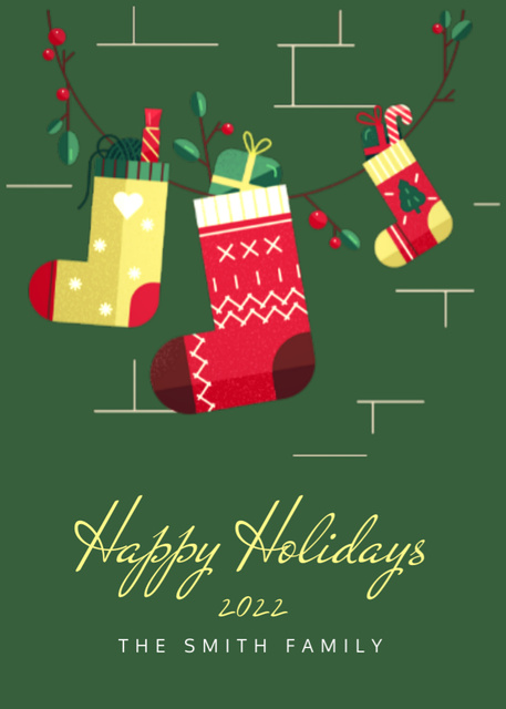 Cozy Christmas And New Year Congratulations With Illustrated Socks Postcard 5x7in Vertical Modelo de Design