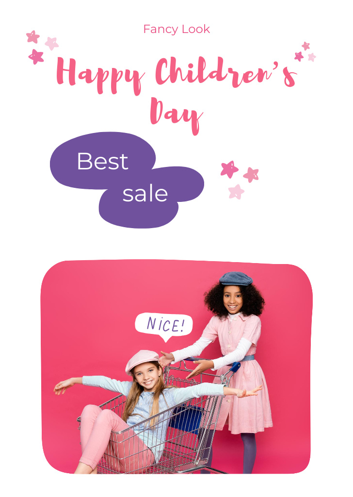 Children's Day Sale Offer With Smiling Girls And Trolley Postcard A6 Vertical Šablona návrhu