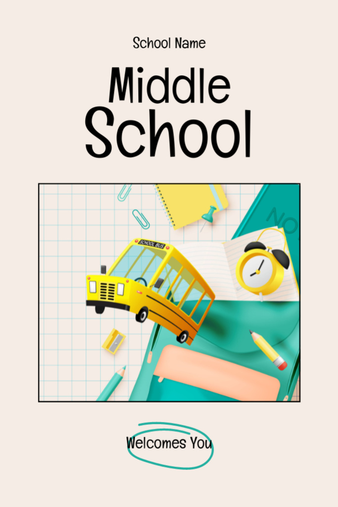 Middle School Welcomes You With Yellow Bus Postcard 4x6in Vertical – шаблон для дизайна