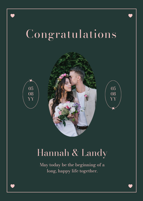Happy Newlyweds on Deep Green Wedding Postcard 5x7in Vertical Design Template
