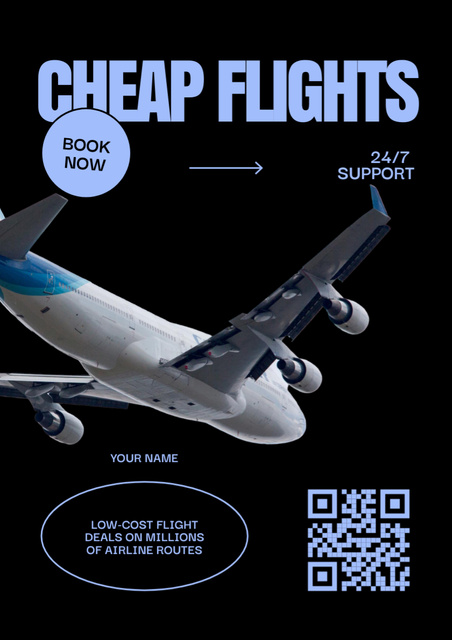 Cheap Flights Application on Black Poster A3 tervezősablon