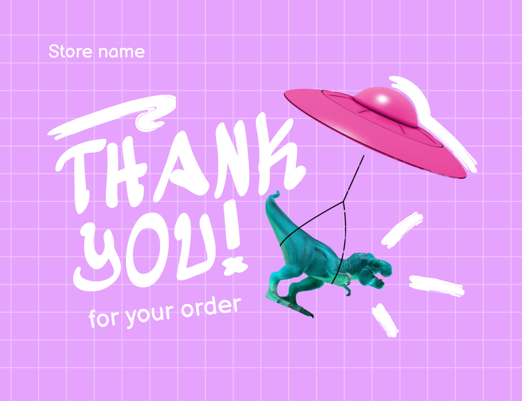 Fantastic Dinosaur Flying on UFO Thank You Card 5.5x4in Horizontal Design Template