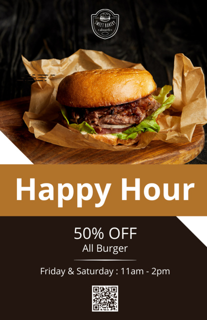 Happy Hours Promotion with Delicious Burger Recipe Card Modelo de Design