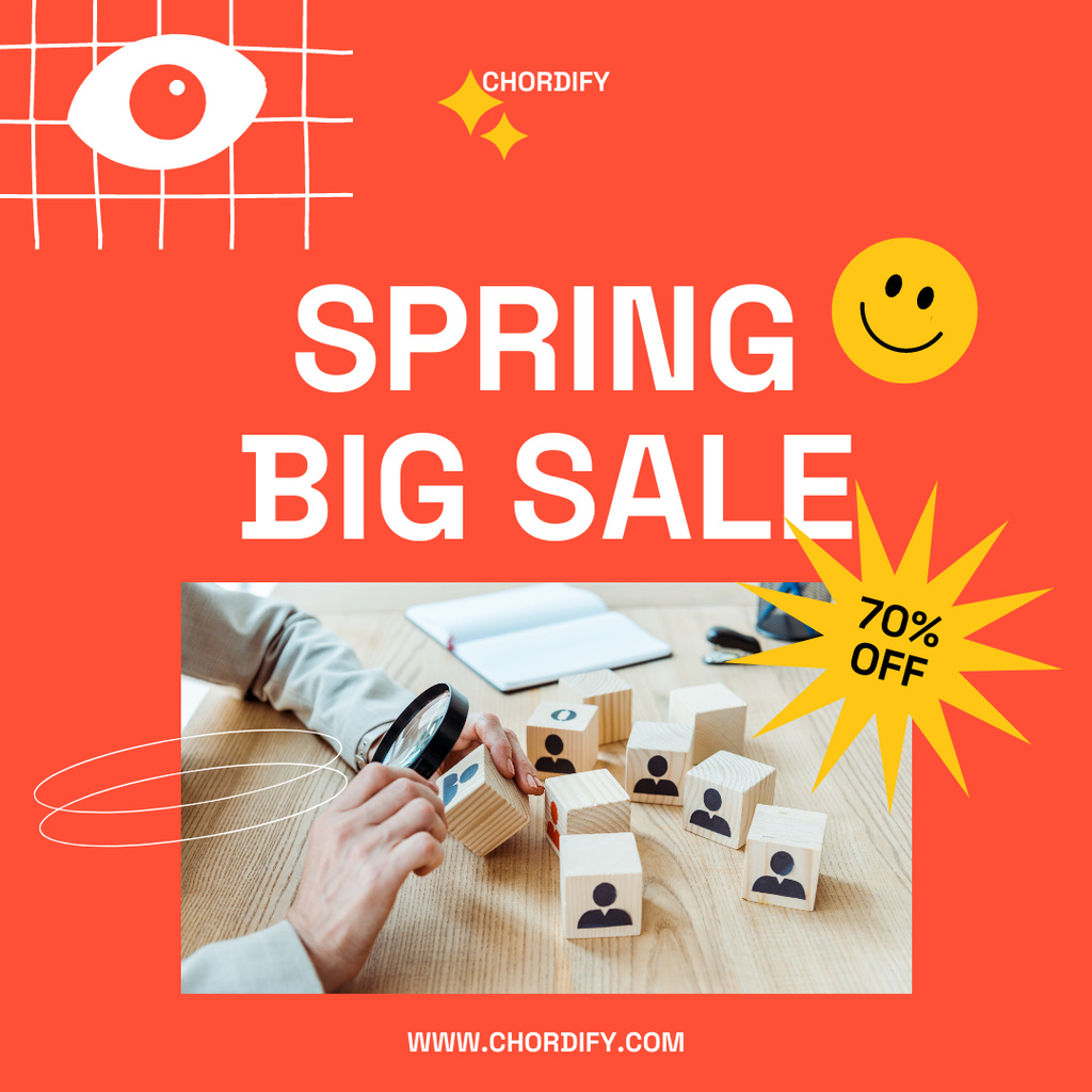 Spring Sale Ad with Magnifying Glass near Wooden Cubes Instagram Πρότυπο σχεδίασης