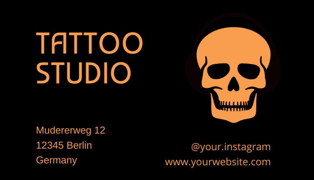 Designvorlage Tattoo Studio Services Offer With Skull on Black für Business Card US