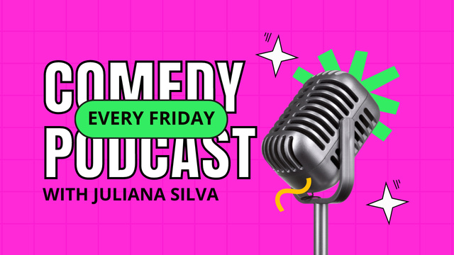 Announcement of Comedy Podcast Episode with Microphone in Pink Youtube Thumbnail Design Template