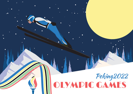 Winter Olympic Games with Skier Jumping Postcard Design Template