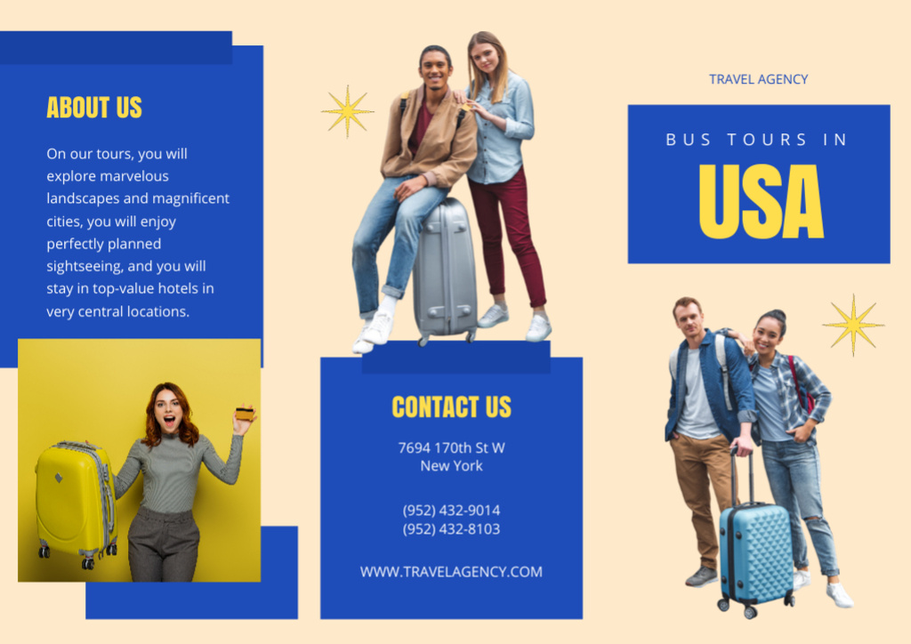 USA Bus Tour Offer with Young Men and Women Brochure – шаблон для дизайну