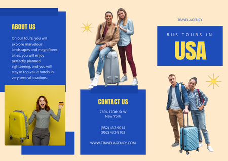 Ontwerpsjabloon van Brochure van Busreisaanbieding door de VS met jonge mannen en vrouwen