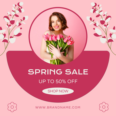Spring Sale with Young Woman with Tulips Instagram Design Template
