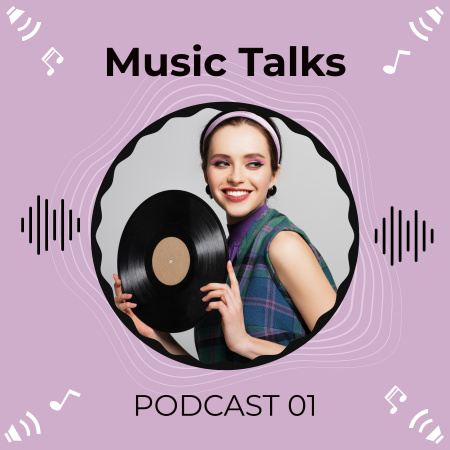 Podcast Announcement with Smiling Girl with Vinyl Record Podcast Cover Design Template