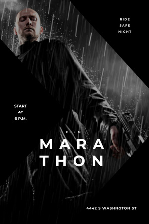 Film Marathon Ad Man with Gun under Rain Invitation 6x9in Design Template