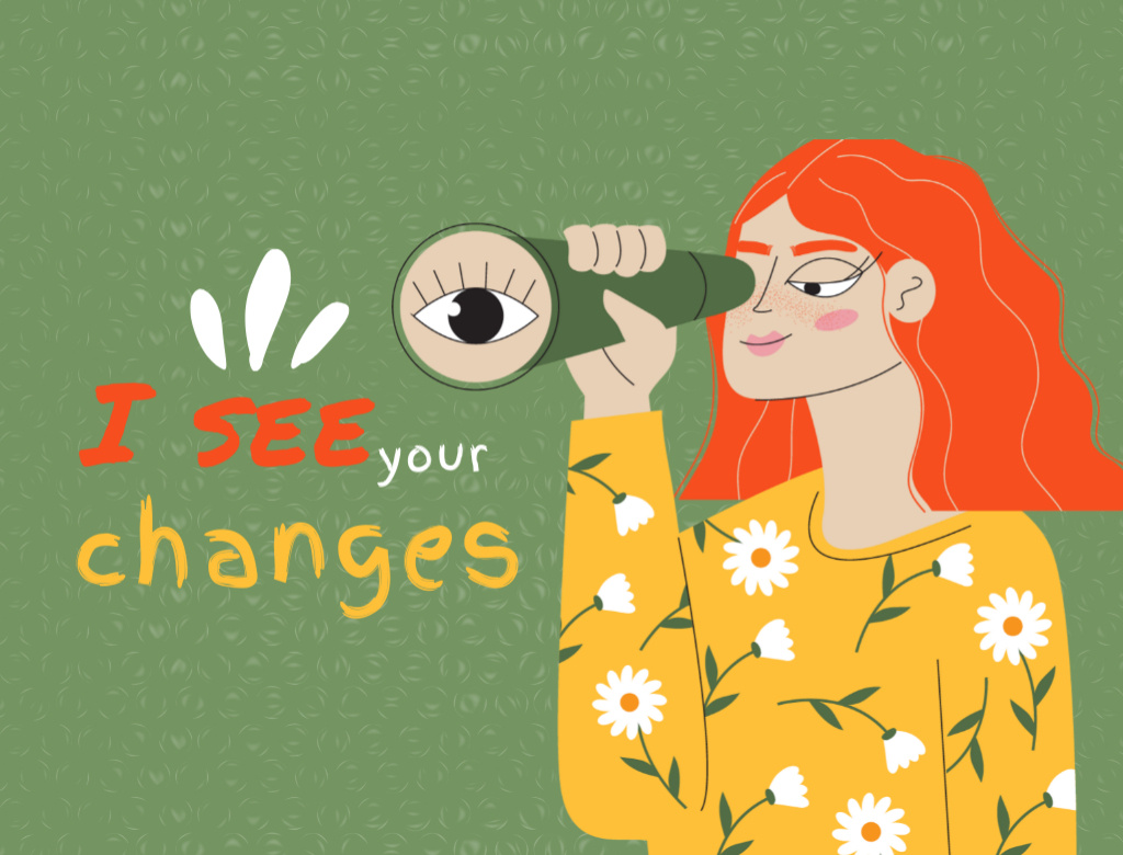 Plantilla de diseño de Woman Looking Through a Spyglass With Quote About Changes Postcard 4.2x5.5in 