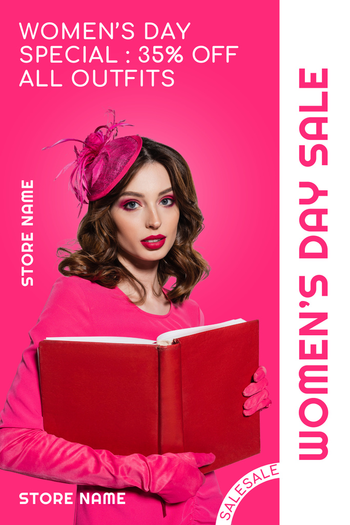 Women's Day Sale with Woman in Bright Pink Outfit Pinterest Design Template