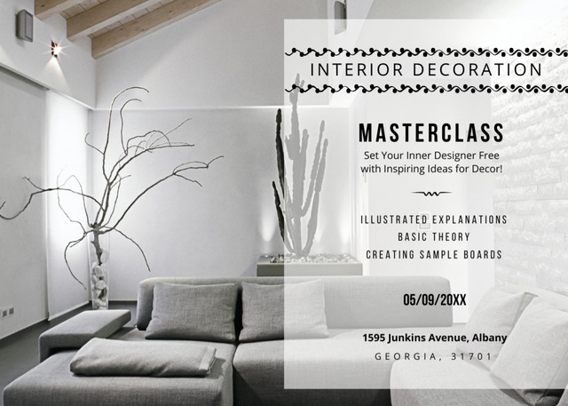 Designvorlage Decoration Masterclass Ad with Modern Living Room für Flyer 5x7in Horizontal