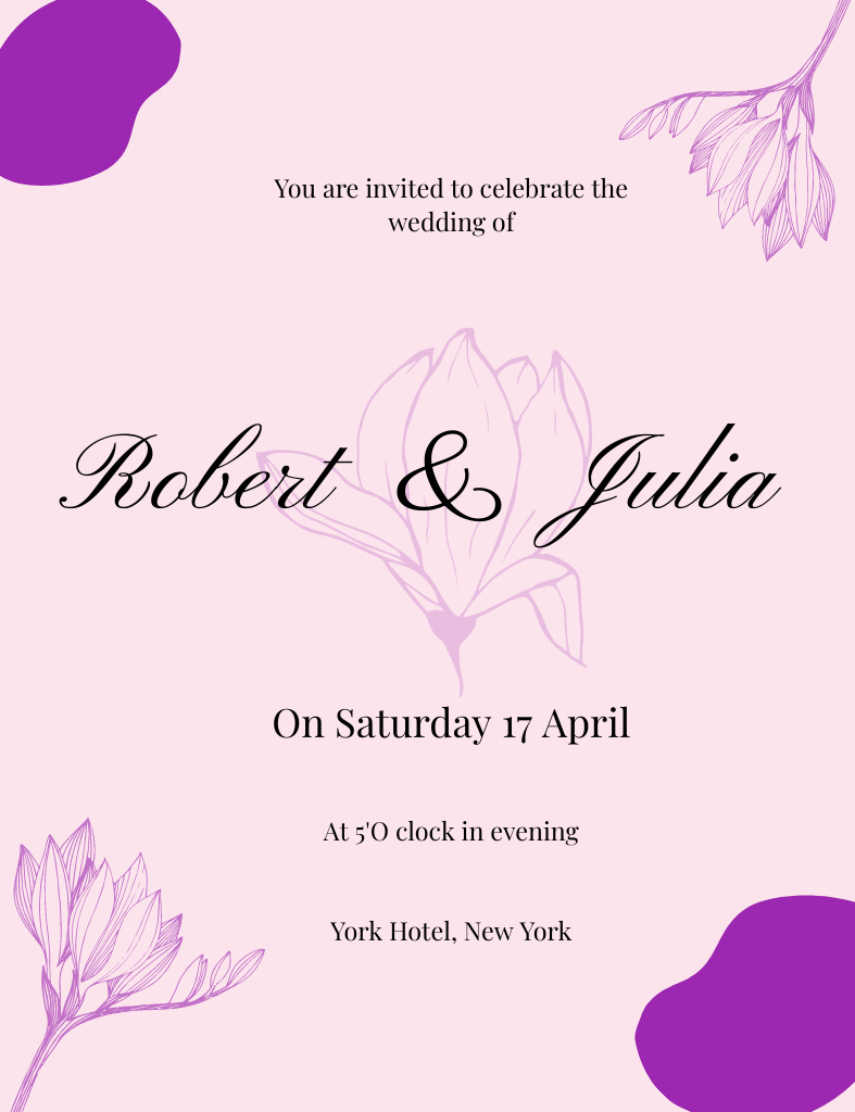 Platilla de diseño Wedding Celebration Announcement with Purple Sketch Flowers Invitation 13.9x10.7cm