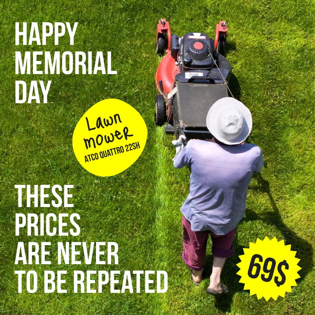 Memorial Day Lawn Mower Sale Announcement Instagram Modelo de Design