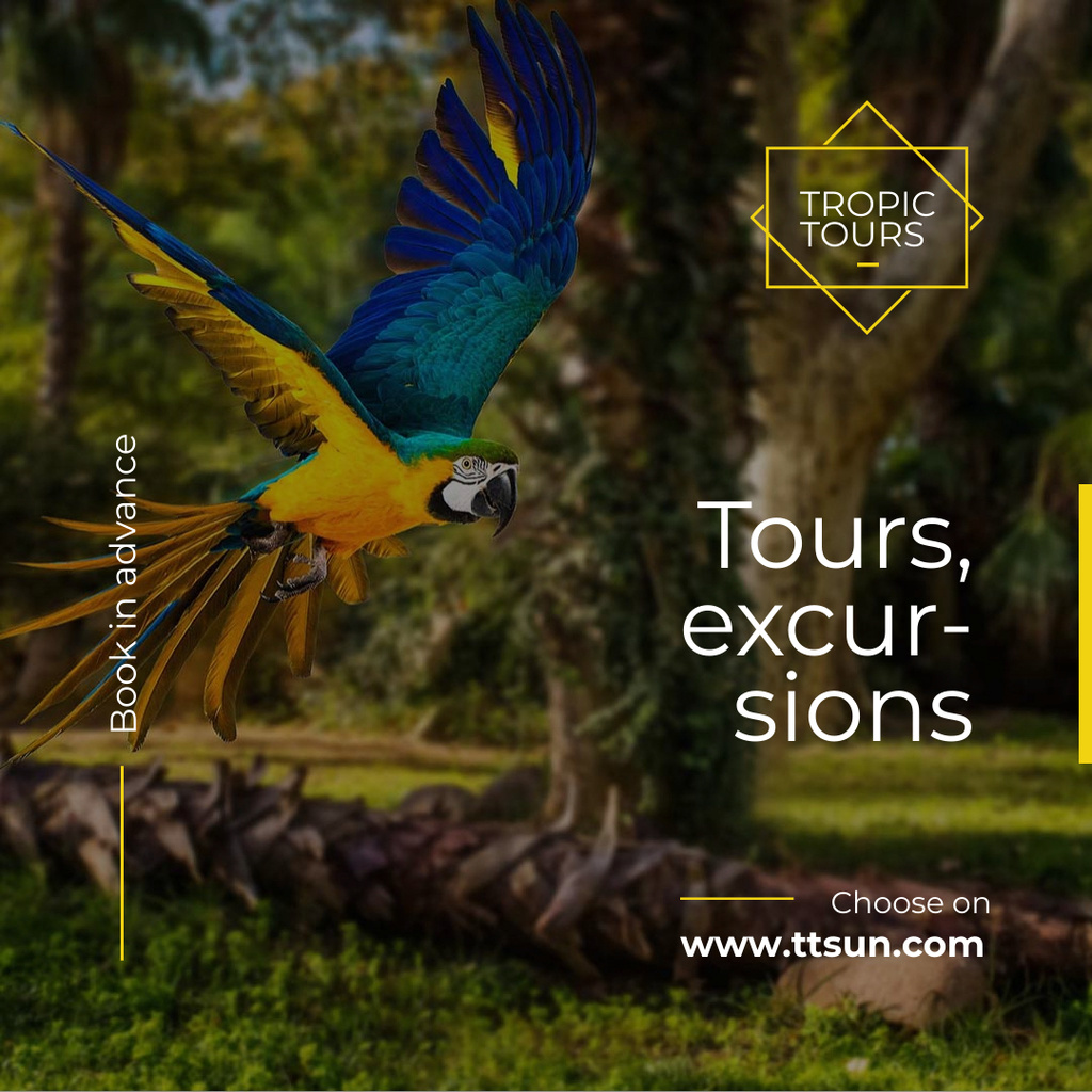 Szablon projektu Exotic Tours Offer Parrot Flying in Forest Instagram AD