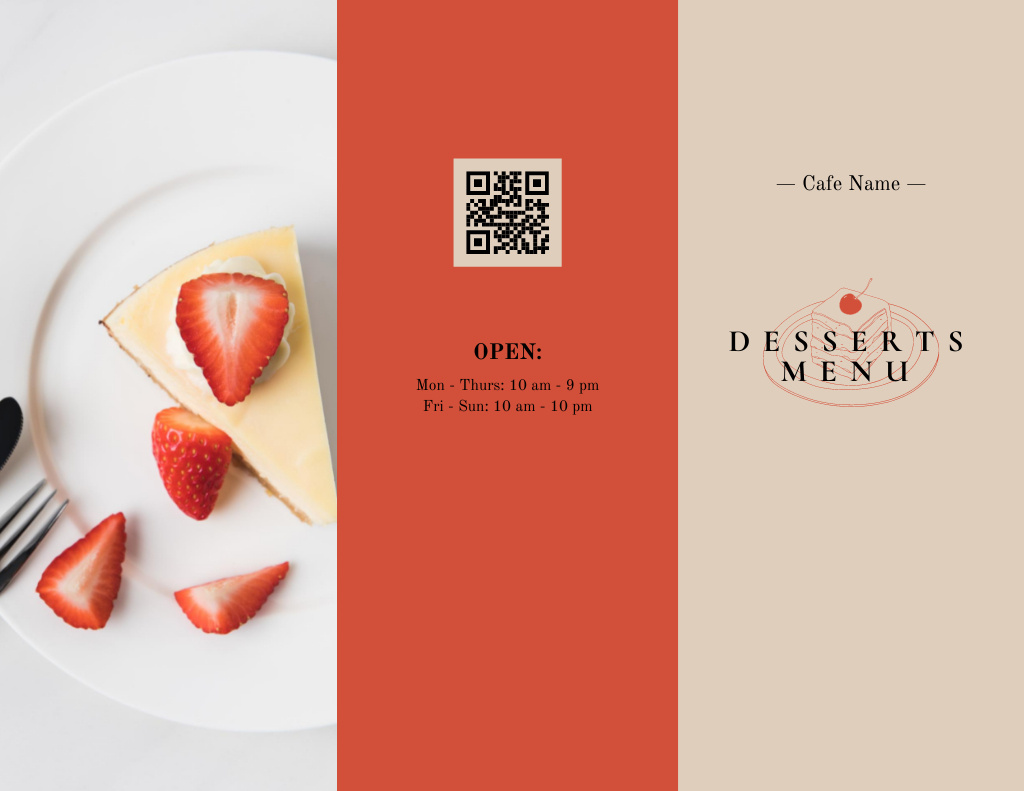 Modèle de visuel Cheesecake With Strawberry Served In Plate - Menu 11x8.5in Tri-Fold