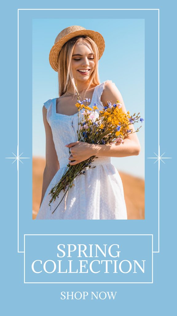 Lady with Flowers for Spring Dress Collection Anouncement  Instagram Story Πρότυπο σχεδίασης