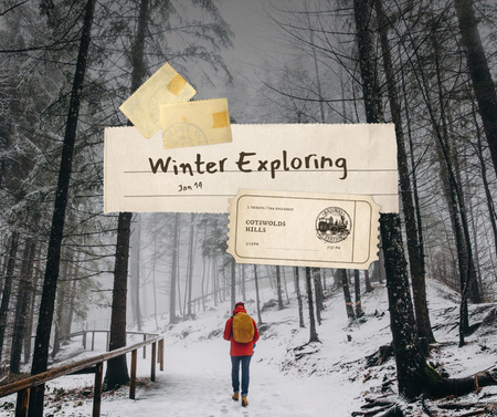 Szablon projektu Winter Inspiration with Guy in Snowy Forest Facebook
