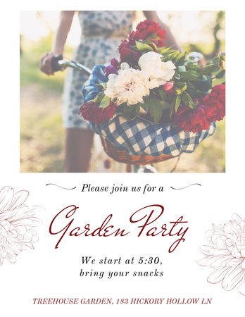 Garden Party Announcement with Girl riding Bicycle with Flowers Flyer 8.5x11in Design Template