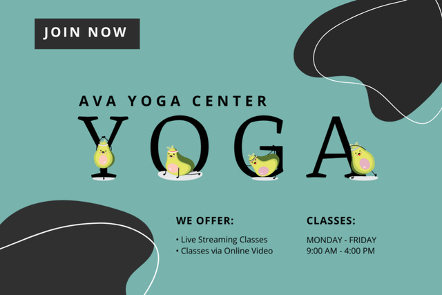 Platilla de diseño Yoga Center Contacts with Cartoon Avocados on Blue Postcard 4x6in