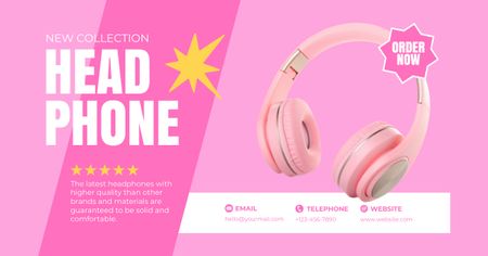 Pink Headphones with High Rating Testimonial Facebook AD Design Template