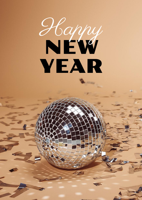 New Year Holiday Greeting with Confetti and Cute Disco Ball Postcard A6 Vertical Design Template
