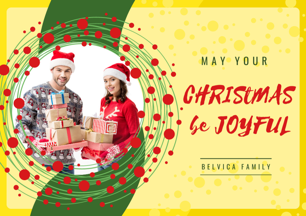 Merry Christmas Greeting Couple with Presents Card Tasarım Şablonu