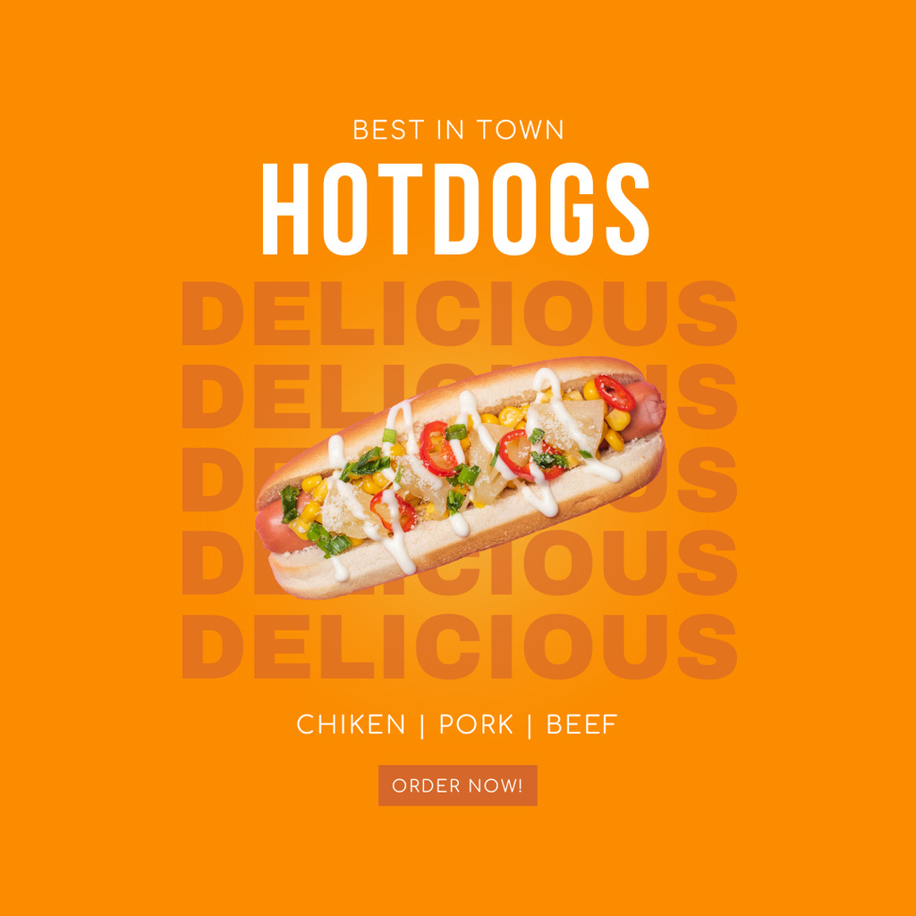 Designvorlage Promo of Fast Food Menu with Tasty Hot Dog für Instagram