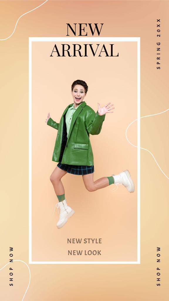 Fashion Ad with Woman in Green Jacket Instagram Story Modelo de Design