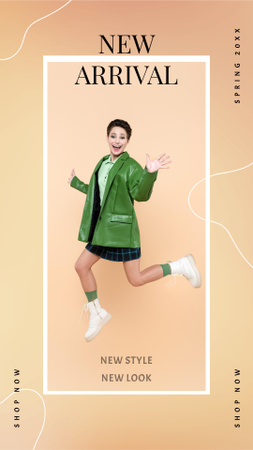Designvorlage Modeanzeige mit Frau in grüner Jacke für Instagram Story