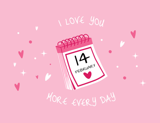 Valentine's Day Greeting with Tear-Off Calendar on Pink Thank You Card 5.5x4in Horizontal Šablona návrhu