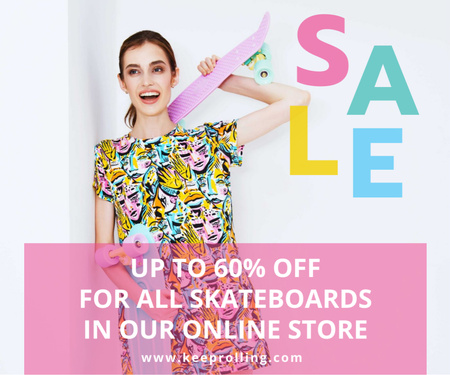 Platilla de diseño Sports Equipment Sale Offer with Girl with Bright Skateboard Medium Rectangle