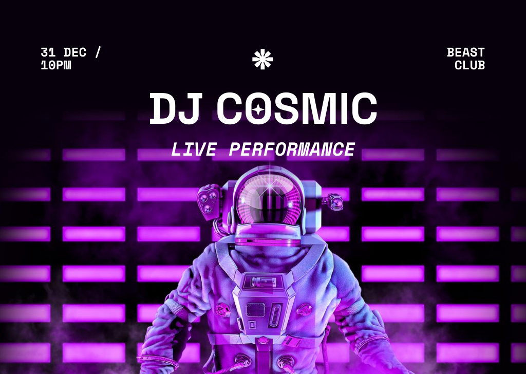Party Announcement with Astronaut in Neon Light Flyer A6 Horizontal Design Template