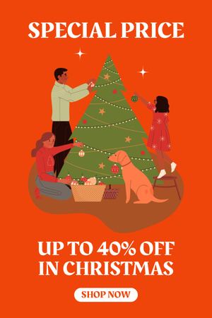 Рождественская распродажа иллюстрированная семья украшает елку Pinterest – шаблон для дизайна