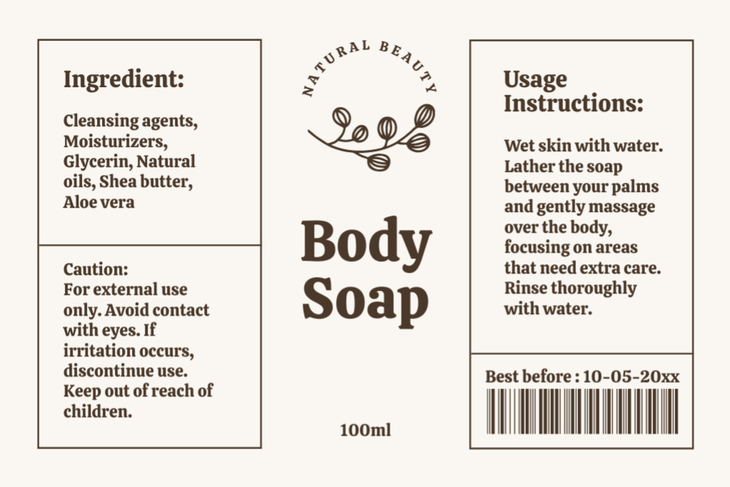 Designvorlage Natural Body Soap Liquid With Instructions für Label