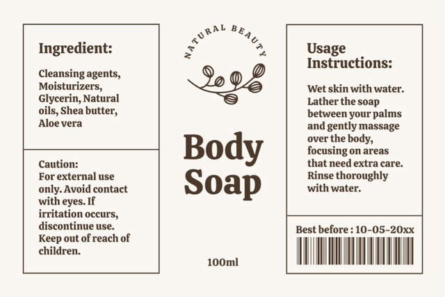 Natural Body Soap Liquid With Instructions Label Design Template