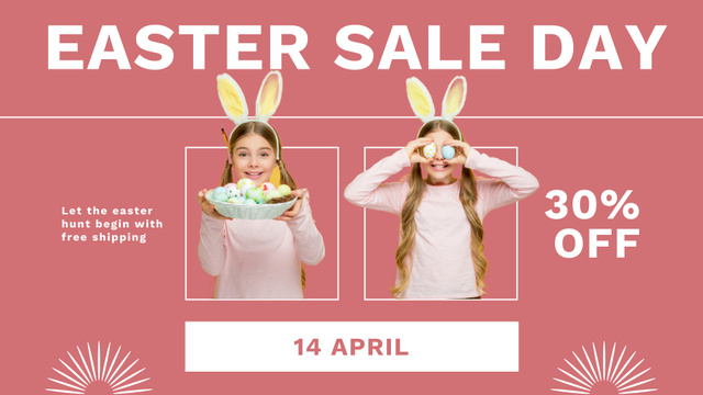 Easter Sale Offer with Funny Kid in Rabbit Ears FB event coverデザインテンプレート