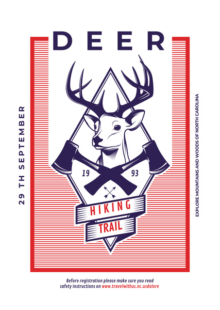 Hiking Trail Ad with Deer Icon in Red Poster Modelo de Design