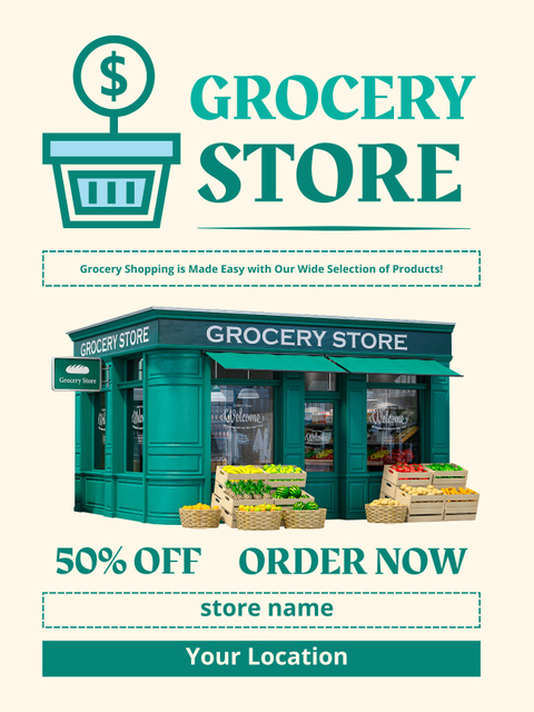 Ontwerpsjabloon van Poster US van Grocery Store Building With Veggies In Baskets and Discount
