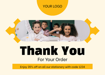 Platilla de diseño Thanks for Ordering School Supplies with Students in Classroom Card