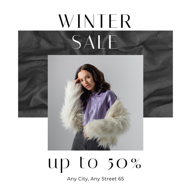Winter Sale Ad with Stylish Woman in Faux Fur Coat Instagram Tasarım Şablonu