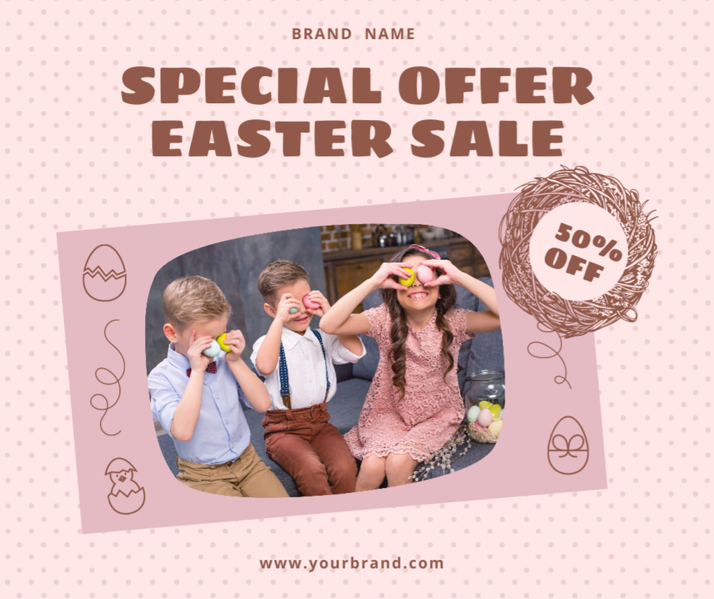 Easter Offer with Cheerful Kids Holding Easter Eggs Facebook Design Template
