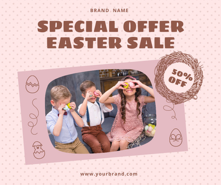 Ontwerpsjabloon van Facebook van Easter Offer with Cheerful Kids Holding Easter Eggs