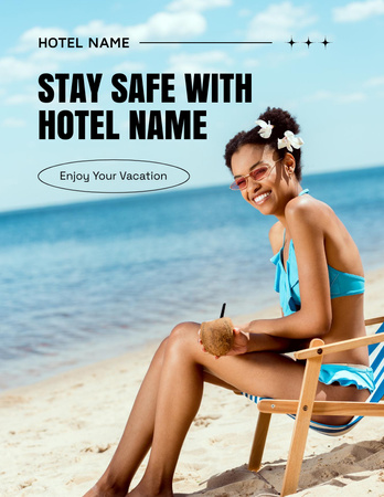 Platilla de diseño Beach Hotel Advertisement with Beautiful Woman Relaxing near Sea Flyer 8.5x11in