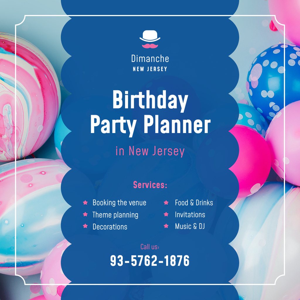 Designvorlage Birthday Party Organization Balloons in Blue and Pink für Instagram